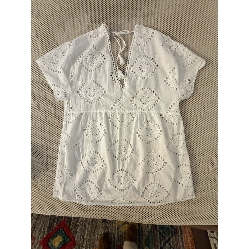 NEW H&M Cotton Beach Dress Kaftan Mini Coverup Sz M All Over Eyelet Swim White - Picture 6 of 10